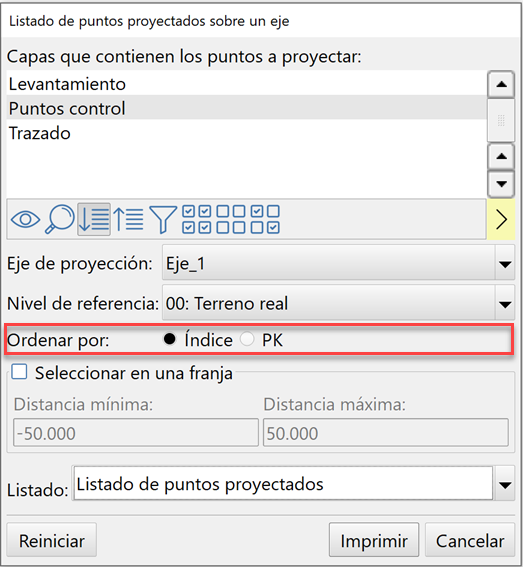 Listado - Puntos proyectados sobre un eje, dialog con ordenar resaltado
