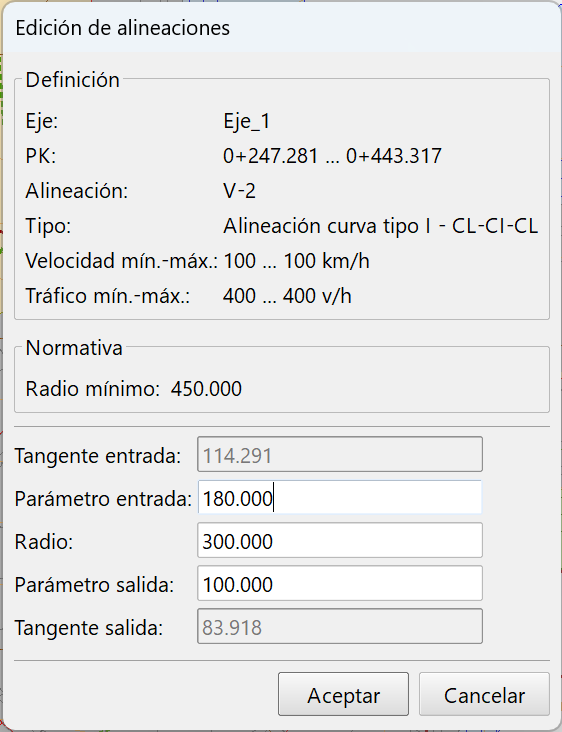 Trazado - Modificar alineaciones - Tipo 1, dialog