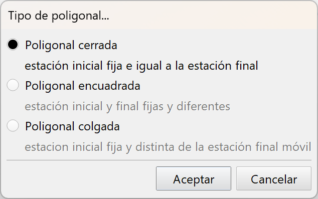 Levantamiento - Cálculo de poligonales - Selección del tipo de poligonal, dialog