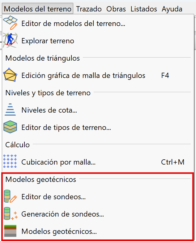 Modelos geotécnicos, menú