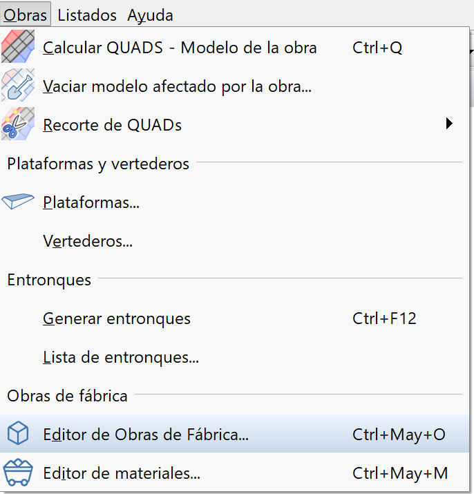 Obras de fábrica - Editor, menú acceso