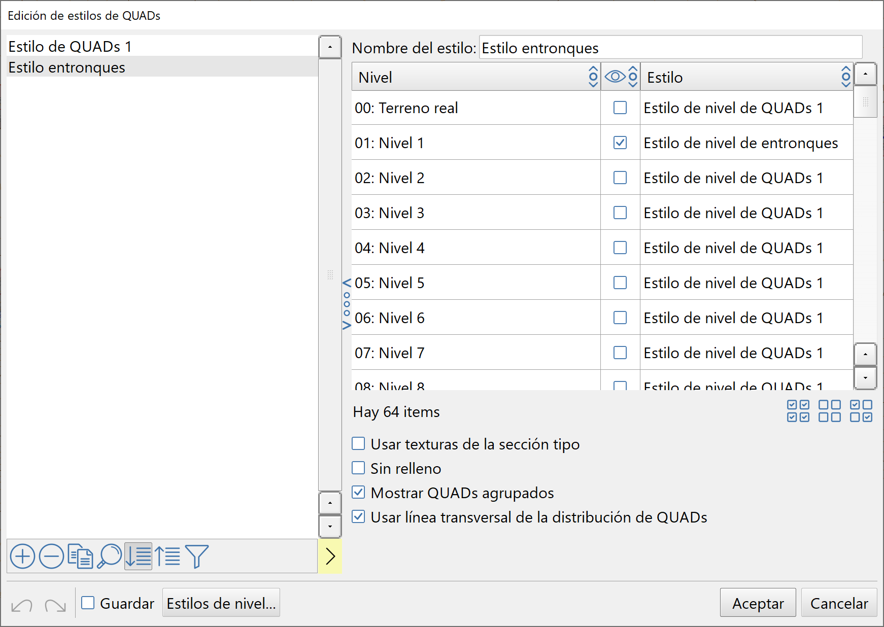 Vista 2D - Presentación de QUADs - Editor de estilos de QUADs