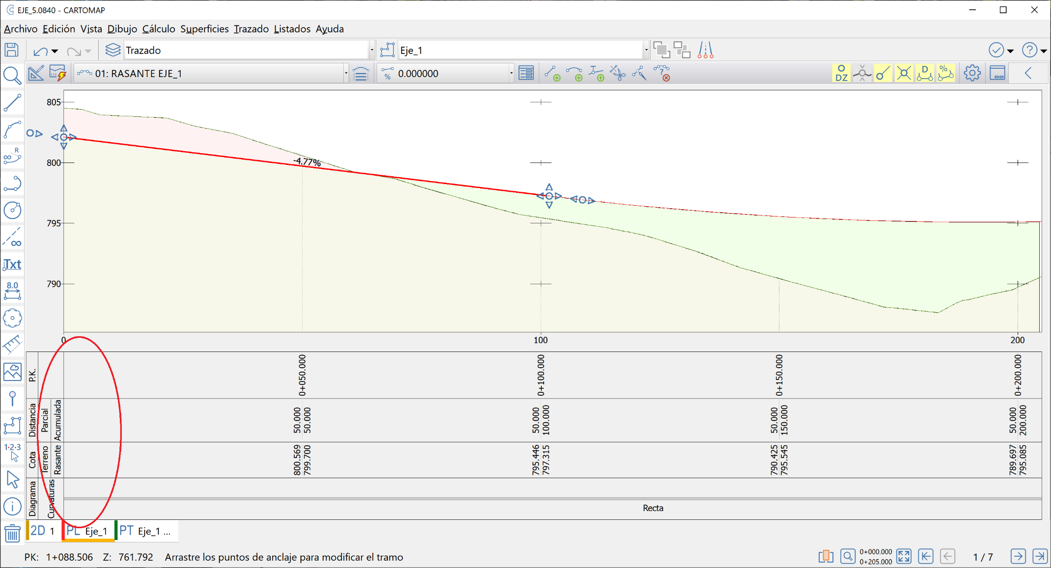 Vista - Perfil longitudinal - Subplano sin desplazamiento inicial