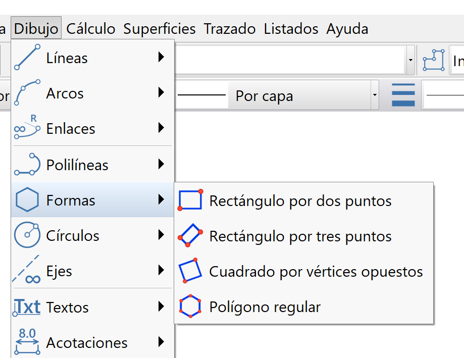 CAD - Formas - Submenú barra de menú de dibujo