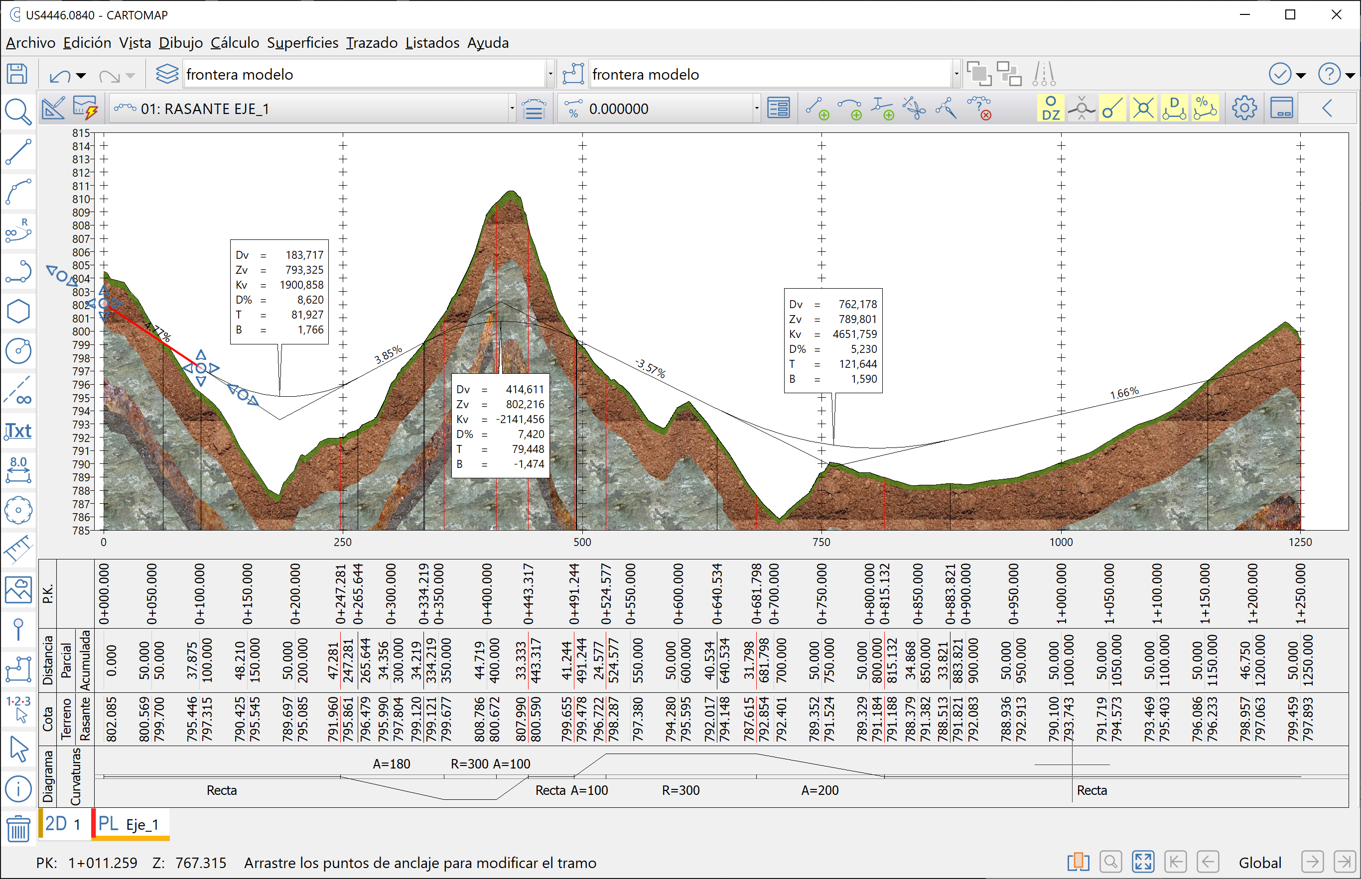 Vista - Perfil longitudinal - Sección geotécnica, resultado