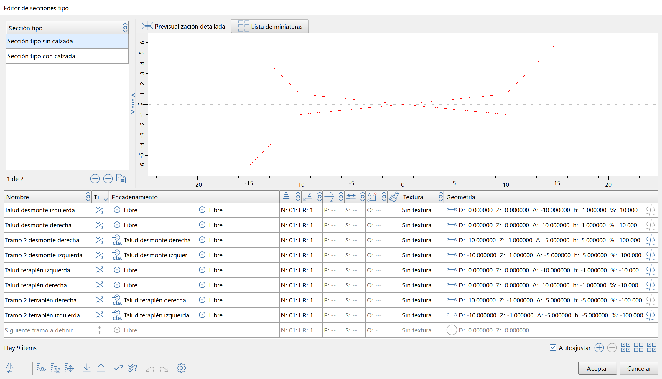 Trazado - Editor secciones - Tramos talud