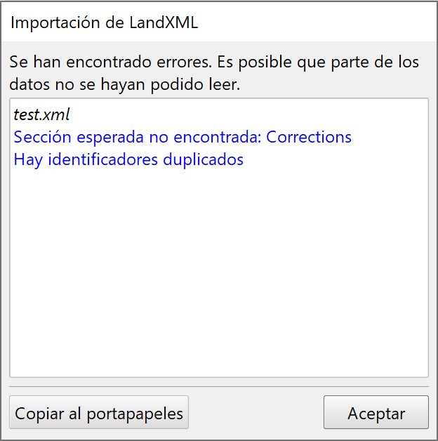 LandXML - Información de errores